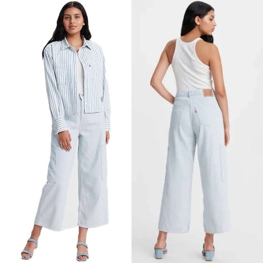 LEVI’S High Waisted Wide Leg Crop Utility Cargo Denim Cotton Jeans